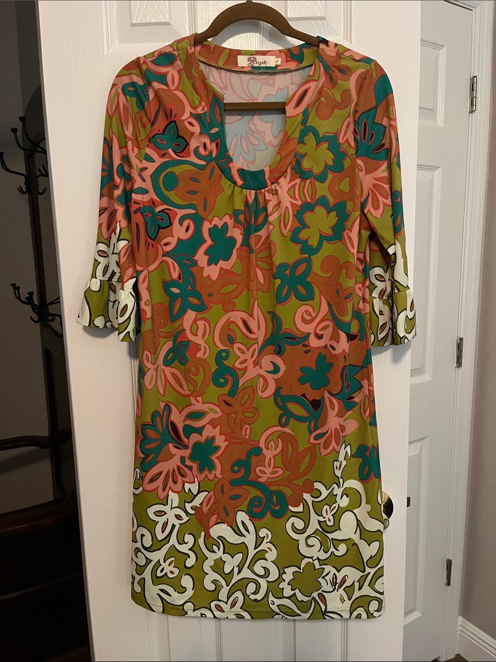 Aryeh Olive Multi Floral Midi Dress with Teal & Pink Accents
